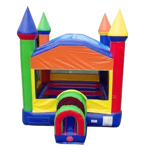 Rainbow Red, Yellow & Blue Bounce House with Tunnel Entrance, 14-Foot Long by 14-Foot Wide by 15-Foot Tall, Commercial Grade Inflatable, Blower and Stakes Included